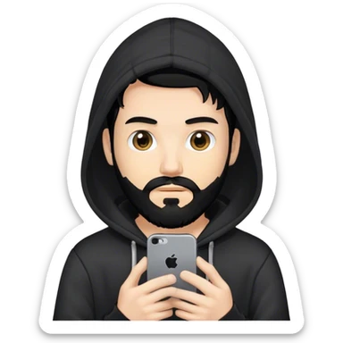 hackeur blanc cheveux noir barbe et capuche noir avec un iphone sticker