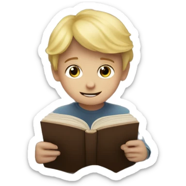 A small boy with blonde hair in bed reading a book called “the never ending story” sticker