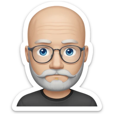 Bald man with blue eyes grey beard and moustache. Hipster. No glasses. Black T-shirt  sticker
