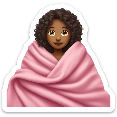 girl with curly dark hair and light skin cuddled in a pink blanket sticker