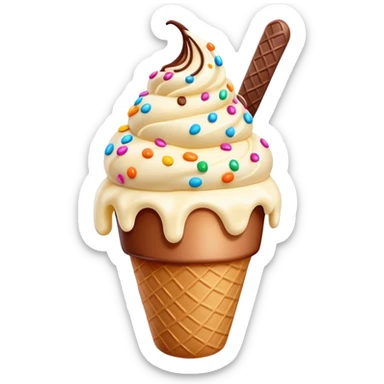 Cinematic scoop of rich, creamy ice cream, slightly melting, smooth swirls of chocolate and vanilla, colorful sprinkles on top, warm glowing background, playful and inviting. sticker