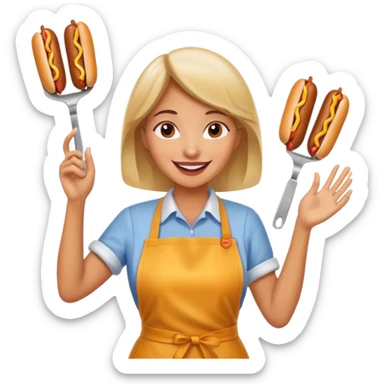 A cheerful woman selling hotdogs, waving a tongs in one hand. sticker