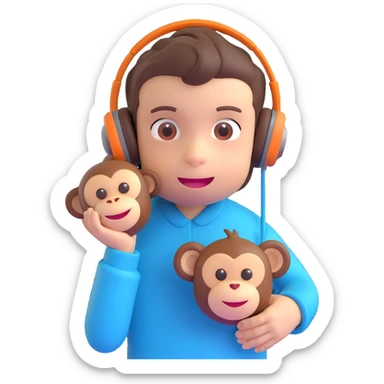 a boy with monkey-like features, playful and energetic behavior, wearing noise-cancelling headphones, holding a sensory toy, friendly and approachable style sticker
