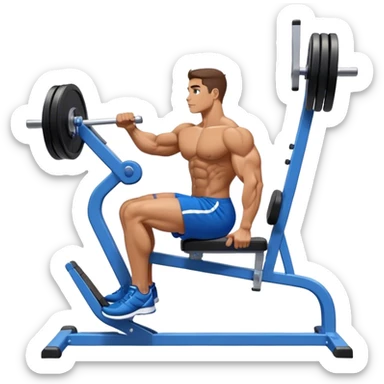 side-view bodybuilder in blue shorts seated weighted calf-raise machine on his tip toes sticker