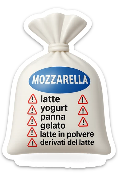 SU QUESTO STILE FAI UN EMOJI STILE IPHONE 3D DI UNa busta di mozzarelle con ETICHETTA CON GLI INGREDIENTI SCRITTI, "latte, yogurt, panna, gelato, latte in polvere, derivati del latte." accanto ad ogni nome scritto mettici un segnale di allarme, FALLO MOLTO REALISTICO IN 3D sticker