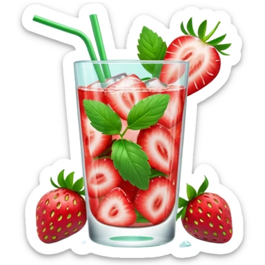 A 3D cartoon glass of strawberry mojito with mint leaves, ice cubes, and sliced strawberries, condensation on glass, bright lighting, Memoji-style realism. sticker