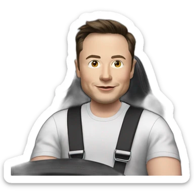 small photo-realistic Elon Musk sitting inside an all black Tesla Model 3, sitting at the wheel, front view sticker