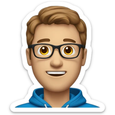 white man with brown hair and glasses wearing blue hoodie feeling excited sticker