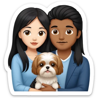 A beautiful Asian girl with long black hair is holding a Yorkshire Terrier. She is standing next to her brown skinned boyfriend, who is holding a Shih Tzu. They are each holding one dog each sticker