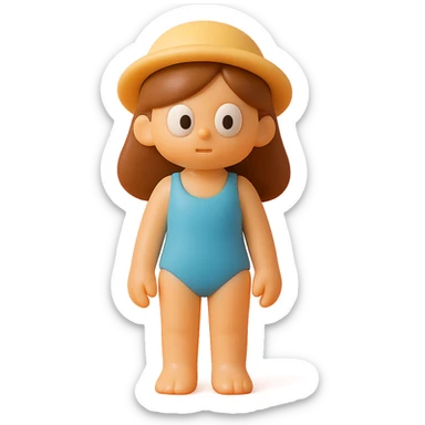 Create a fully appropriate, full-body beach girl in a simple blue one-piece swimsuit, standing in a neutral pose. Make her much smaller in the frame so her entire body, including head and feet, is fully visible with no cropping at the top or bottom. Use the retro 90's toy style: very transparent, slightly see-through, natural tan skin, brown hair, derpy eyes (large white eyeballs with small black pupils looking in different directions), soft plastic texture, soft reflections, soft and squishy, some cloudiness, not shiny, highly detailed, appealing, no tag, no background. No suggestive details. sticker