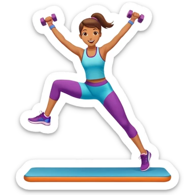 An energetic person performing an aerobics workout in a brightly lit gym, jumping and stretching with enthusiasm. The scene includes vibrant fitness equipment like dumbbells and exercise mats, with a background of cheerful, motivating colors, conveying energy and movement. sticker