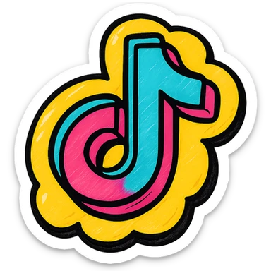 puffy cartoonish TikTok logo in blue pink and white with bold outlines deep shadows bright highlights rounded dimensional TikTok symbol outlined colorful style no background sticker