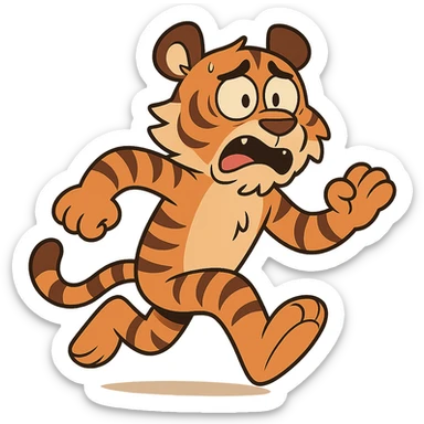 cartoonish tiger running away, looking scared, flat toon style sticker