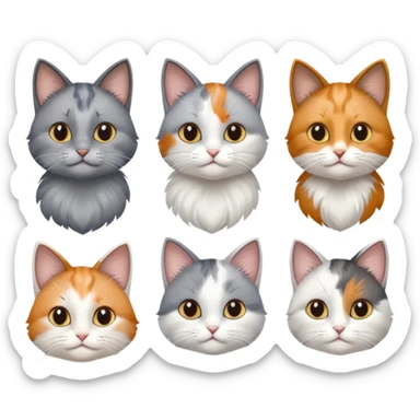 6 realistic looking cats with different natural coloured coats, assorted grey and white, greys, calico, brown and white colours etc
 sticker