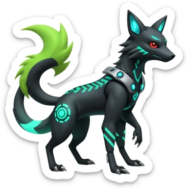 Black and green cyberpunk intricate neon glowing grey white futuristic cyborg-Protogen-Primagen-Zeraora-Zoroark-Umbreon-Litten-Salandit-fusion (full body) sticker
