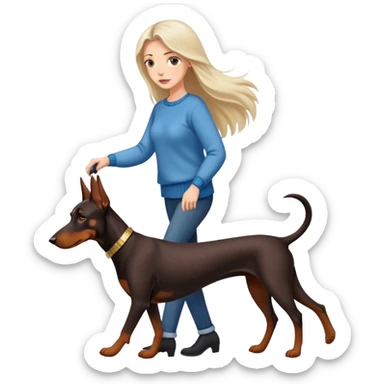 A beautiful long-haired white woman wearing a sweater walking a Doberman sticker
