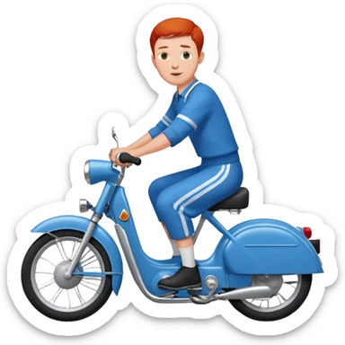 Un Solex 5000 de couleur blanche avec un homme aux guidon, habillé en bleu avec les cheveux courts et roux  sticker