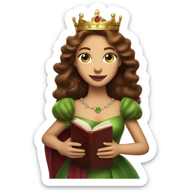 Queen wearing crown with long brown hair, and green eyes. Holding book and red wine sticker