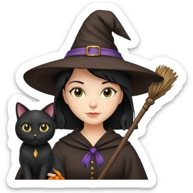 a witch with a hat and a broomstick and a black cat sticker