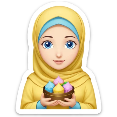 Turkish beautiful finish Konya girl blue eyes with lila yellow hijab islamic dress and had on her hand text Eid Mubarak with sweets and celebrating with her friends eid days   sticker