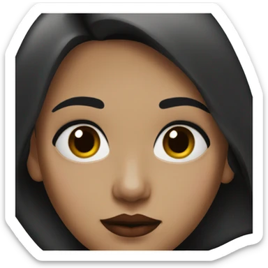 a girl with black hair, straight black eyes and red lipstick sticker