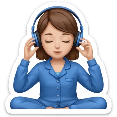 chica con pelo castaño ojos cerrados escuchando musica en pijama azul sticker
