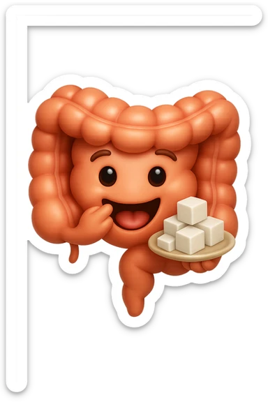 emoji stile iphone di un intestino anatomico che mangia zollette di zucchero, iperrealistico 4k, isolato su sfondo bianco sticker
