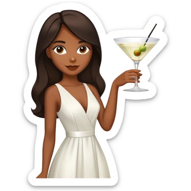 Beautiful woman in 1950’s woman fashion look, white dress, long dark brown hair, martini  sticker