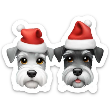 2 miniature schnauzers, 1 grey and one black and white, wearing Christmas hats with a heart in between them sticker