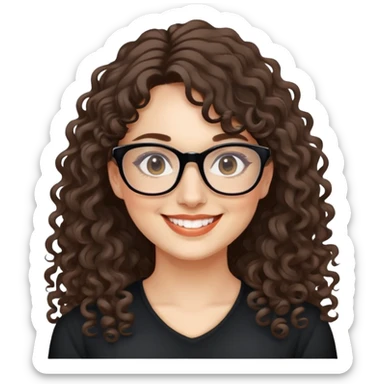 nữ 35 tuổi, da trắng, tóc dài xoăn, tóc mái 1/3, đeo kính đen, cười tươi sticker