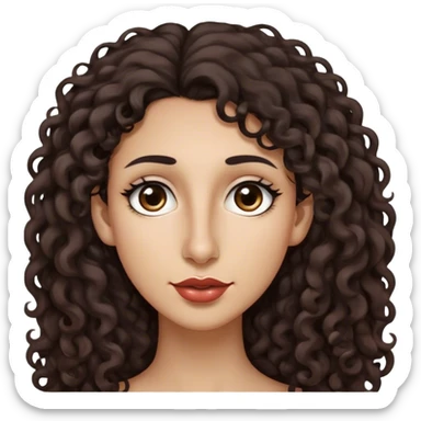 Long dark brown curly hair, long nose, long chin, long face, extra small dark brown eyes, dark far eyebrows, light medium skin tone, small lips sticker