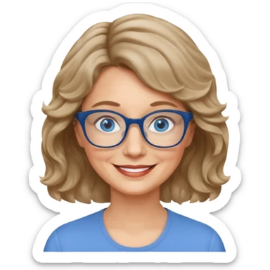 woman 60 short weavy dark blonde haire, rectangle glases, blue eyes sticker