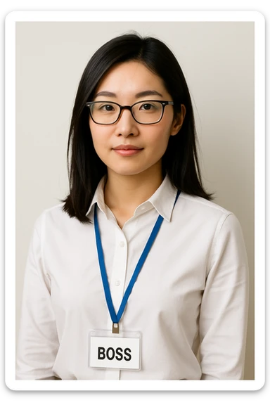 Asian girl with glasses, white shirt, visible boss's work tag, simple background, clean and minimal style sticker