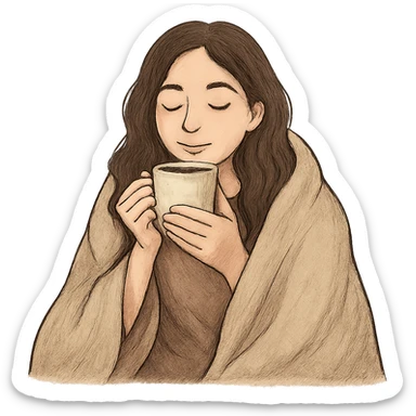 relaxed brunette girl under a blanket drinking coffee with eyes closed, cozy and calm sticker
