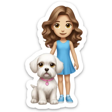 Brown hair blue eyes girl with maltese puppy with pink dress sticker