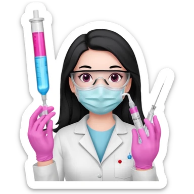 laboratorista con guantes rosa y mascarilla rosa  jeringa tubo laboratorio sin lentes  y  ojos negros cabello largo negro ojos negros sticker