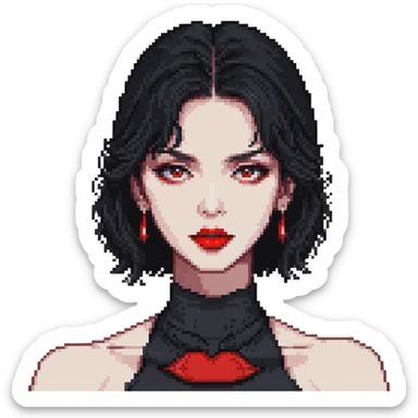 female face with black eyes, black hair at neck level, full red lips, pixel art, 16-bit style, neutral expression sticker