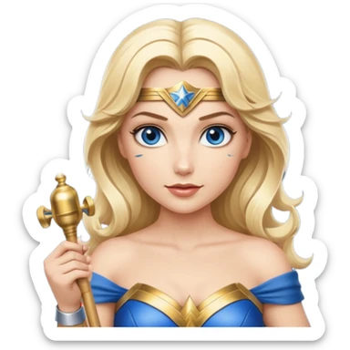Blonde blue eyed Wonder Woman holding white orchestra conductor’s baton and bell  sticker