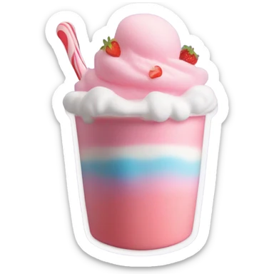 a strawberry milkshake topped with whipped cream, a candy marshmallow, a gummy candy heart, and cotton candy sticker