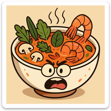 tom yum soup, cartoon style, bowl with herbs, shrimp, and mushrooms, spicy and aromatic, playful look sticker