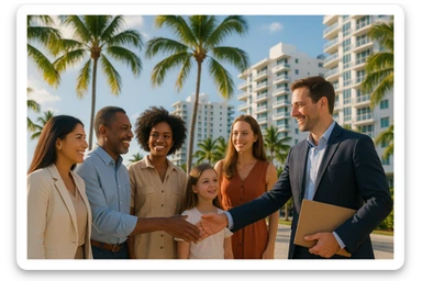 Foto hiper realista que refleje a nuestro cliente ideal de real estate: Profesionales y familias en transición Que desean mudarse a Miami o adquirir una segunda residencia, guiados por un equipo que habla su idioma —literal y figurativamente. sticker