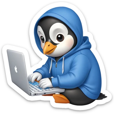 A cute penguin wearing a blue hoodie typing intensely on a laptop keyboard sticker