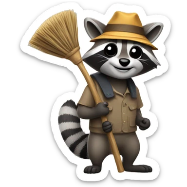 a raccoon with a broom in his hands sticker