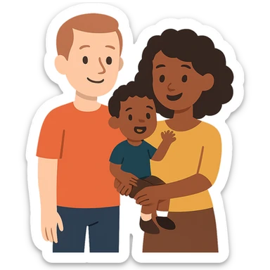 flat toon style family with white dad, black mom, and black child, no background sticker