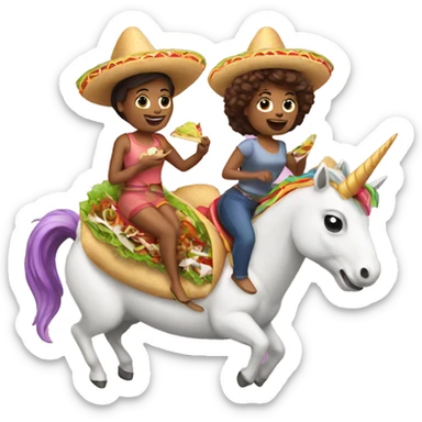 two women eating tacos riding a unicorn sticker