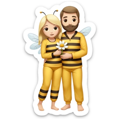 Grown up man with brown eyes, long dark brown long, white skin, medium beard, full body in cute bee pijama hugging a woman with blonde hair, white skin, dressed as a flower  sticker