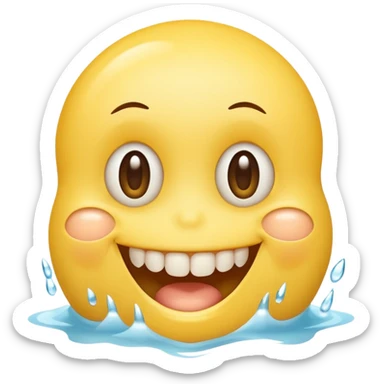 Yellow smiley face holding back tears with realistic watery eyes, and a big human tooth smile sticker