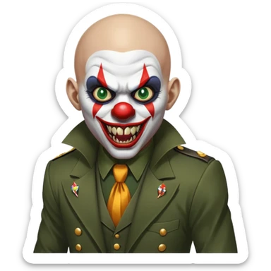 evil clown, bald, short horns from forehead, fangs, pointed ears, black and military green leisure suit, battle-ready fighting posture sticker