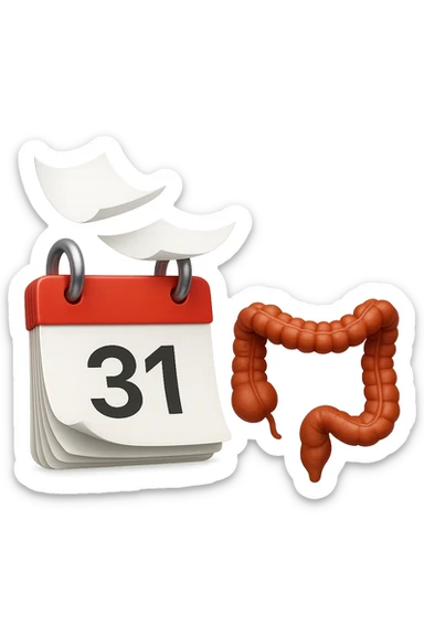 emoji stile iphone di un calendario con fogli che volano insieme a pezzi anatomici di colon umano, iperrealistico 4k, isolato su sfondo bianco sticker