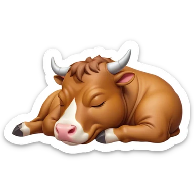 Meme-Worthy Cute Sleeping Domestic Bull Portrait Emoji, Head resting peacefully with a contented smile, showcasing a robust, muscular build and a luxuriously soft coat, eyes gently closed in serene, restful slumber, Simplified yet hilariously adorable features, highly detailed, glowing with a soft, drowsy natural light, high shine, relaxed and utterly lovable, stylized with an air of playful laziness, soft glowing outline, capturing the essence of a sleeping domestic bull that feels destined to become the next viral sensation of adorable rest! sticker